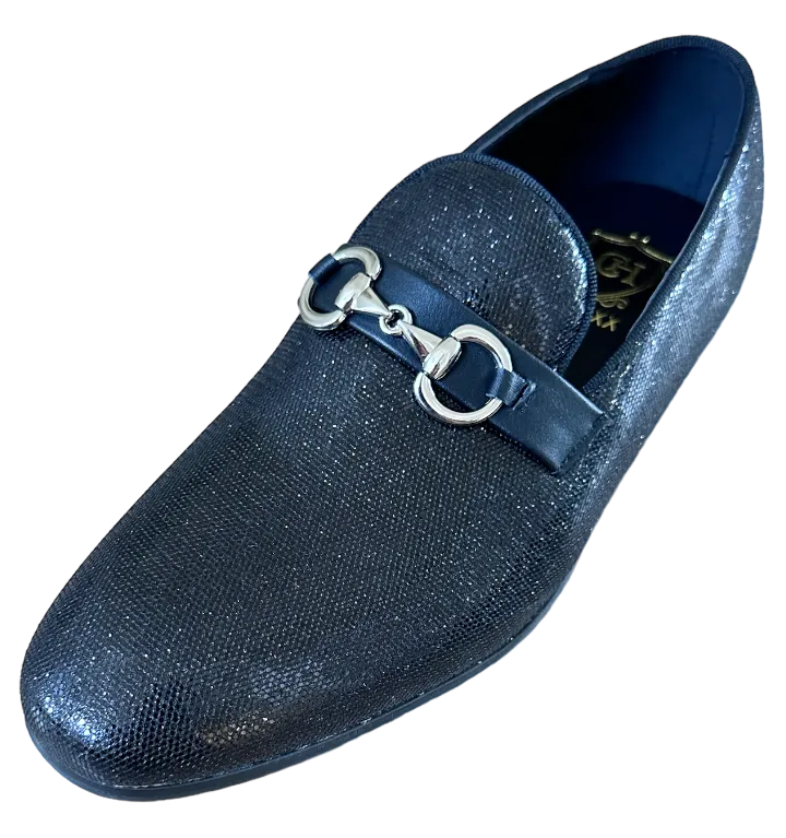 Black Men's Fashion Design Sequins Shoes Slip-On Sliver Buckle Loafers