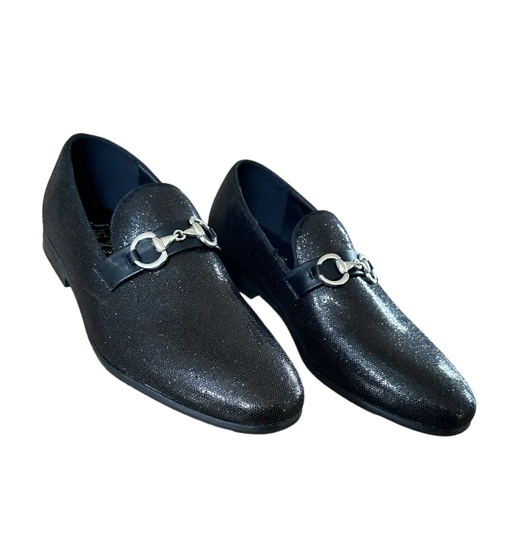 Black Men's Fashion Design Sequins Shoes Slip-On Sliver Buckle Loafers