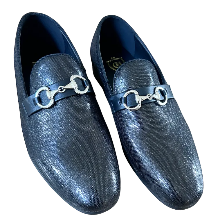 Black Men's Fashion Design Sequins Shoes Slip-On Sliver Buckle Loafers