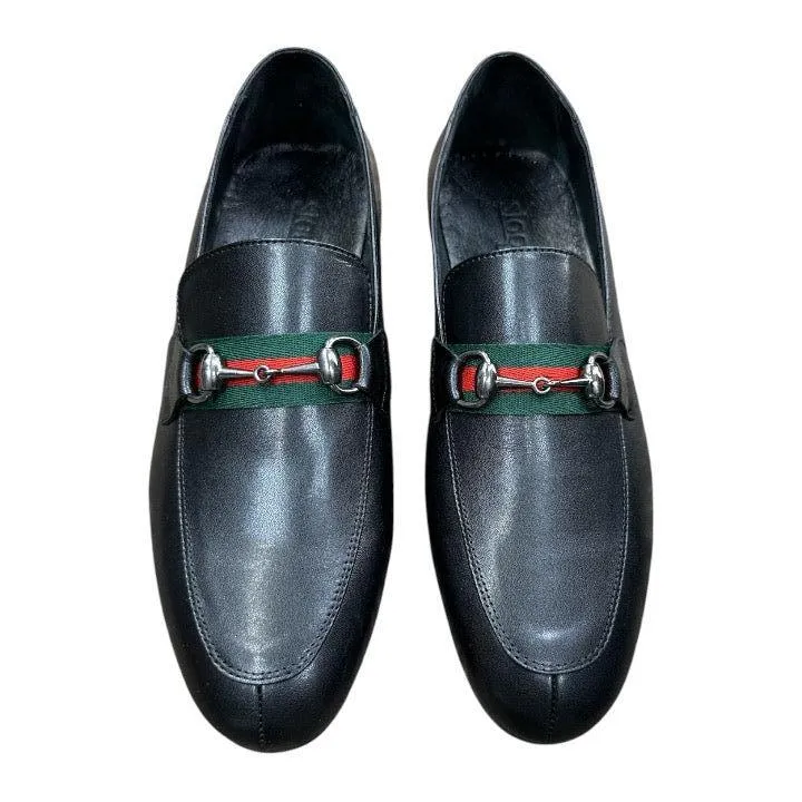 Black Men's Gigotto uomo Loafers Slip-on Dress Shoes Sliver Buckle Green and Red Stripes Style No:6525