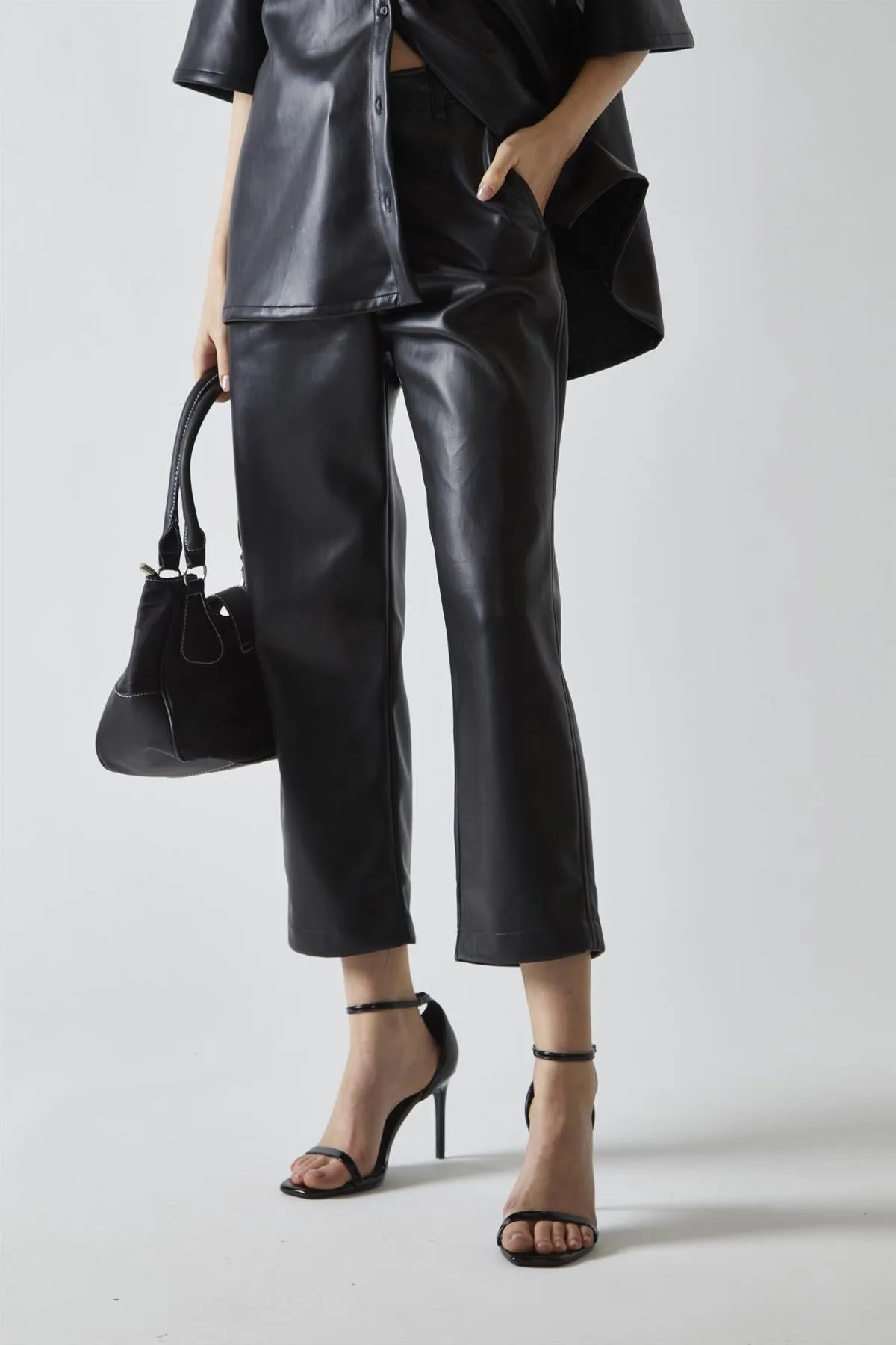 Black-PU Straight-Fit Crop-Trousers