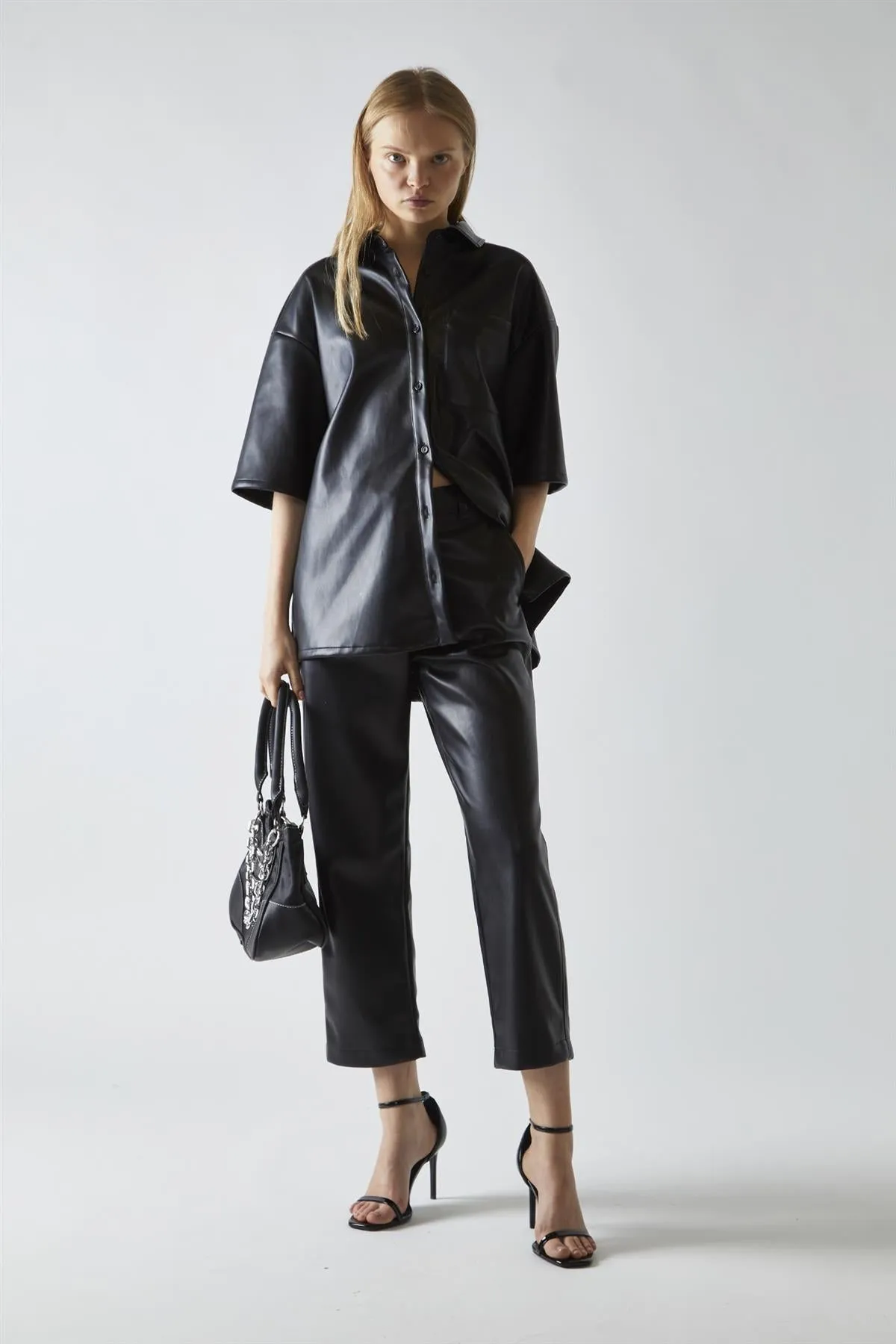Black-PU Straight-Fit Crop-Trousers