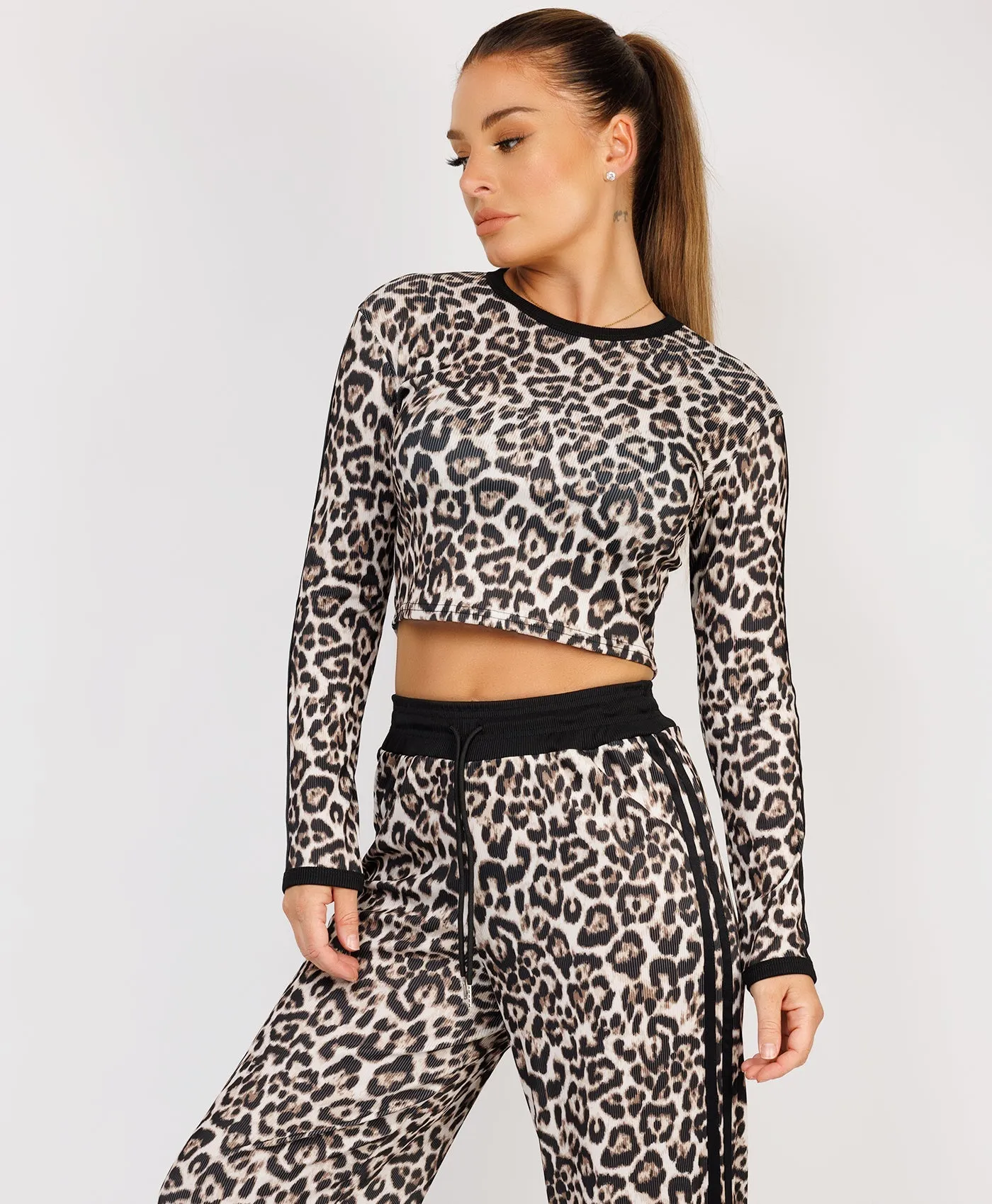 Black Striped Leopard Print Ribbed Crop Top & Trousers Loungewear Set