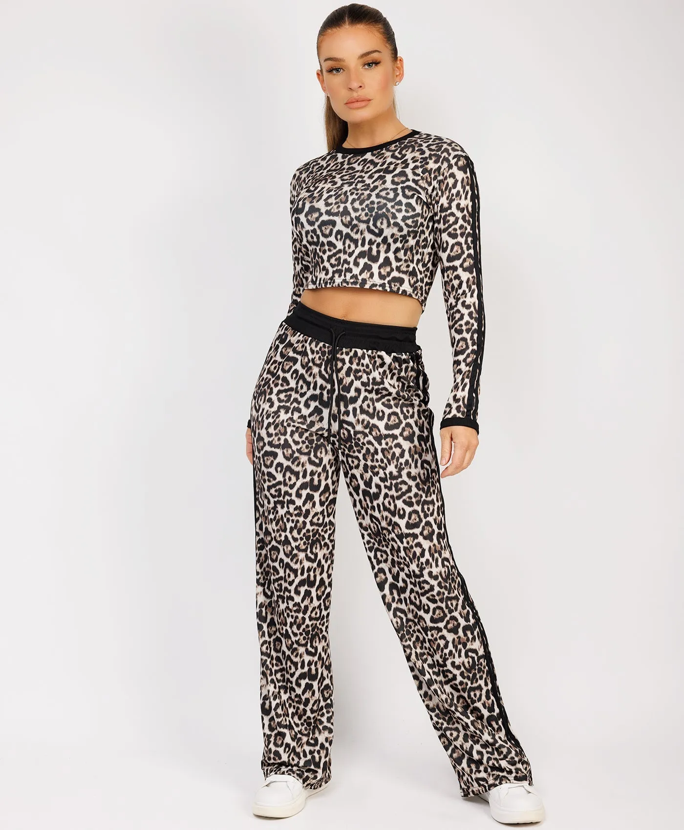 Black Striped Leopard Print Ribbed Crop Top & Trousers Loungewear Set