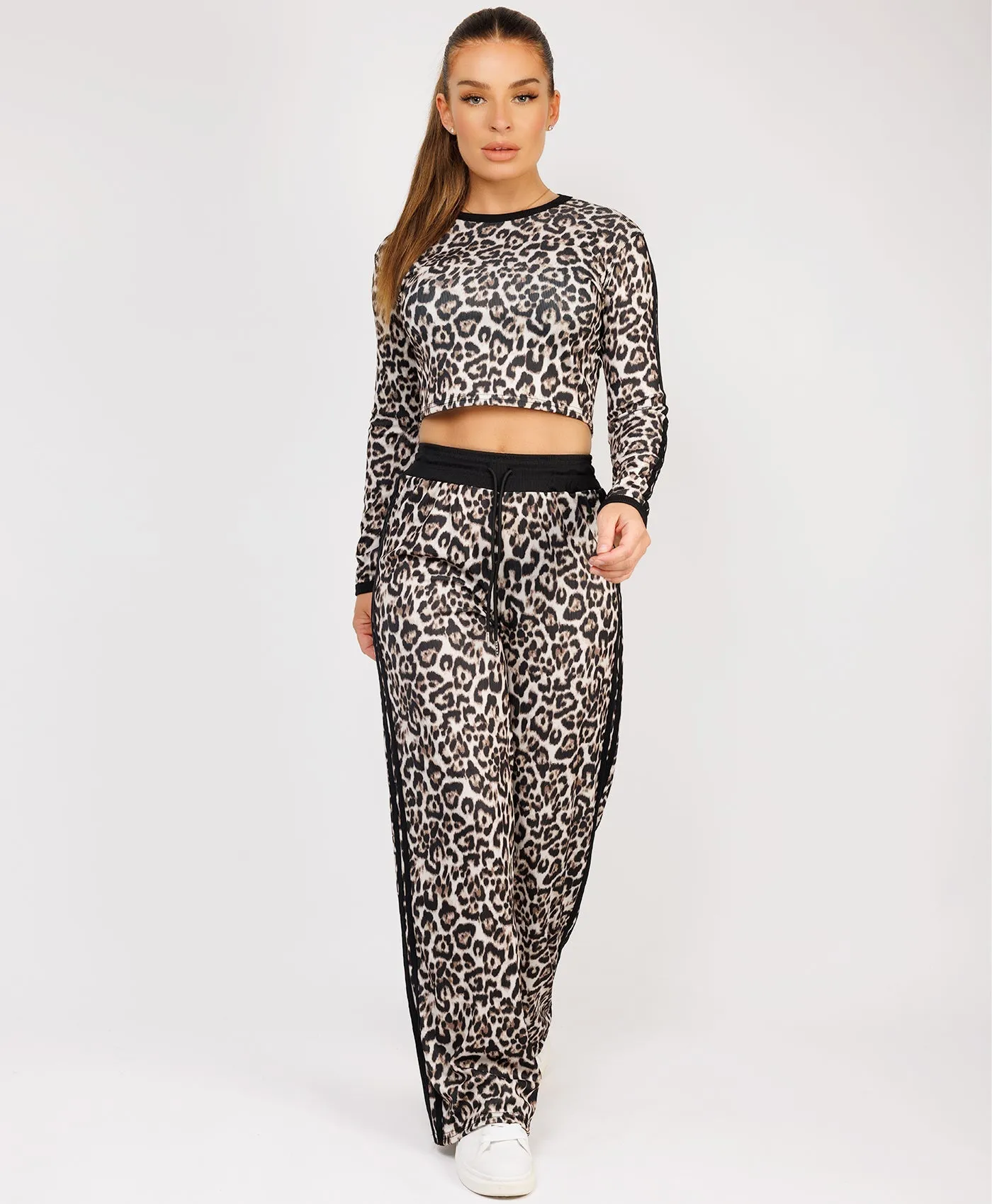 Black Striped Leopard Print Ribbed Crop Top & Trousers Loungewear Set