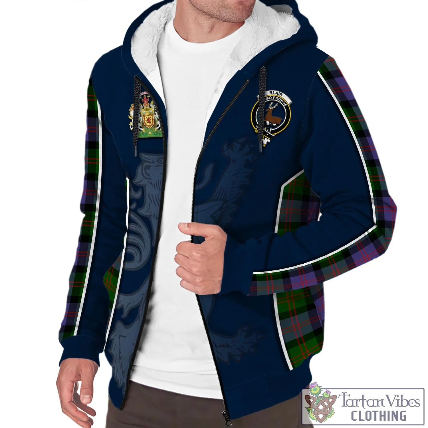 Blair Modern Tartan Sherpa Hoodie with Family Crest and Lion Rampant Vibes Sport Style