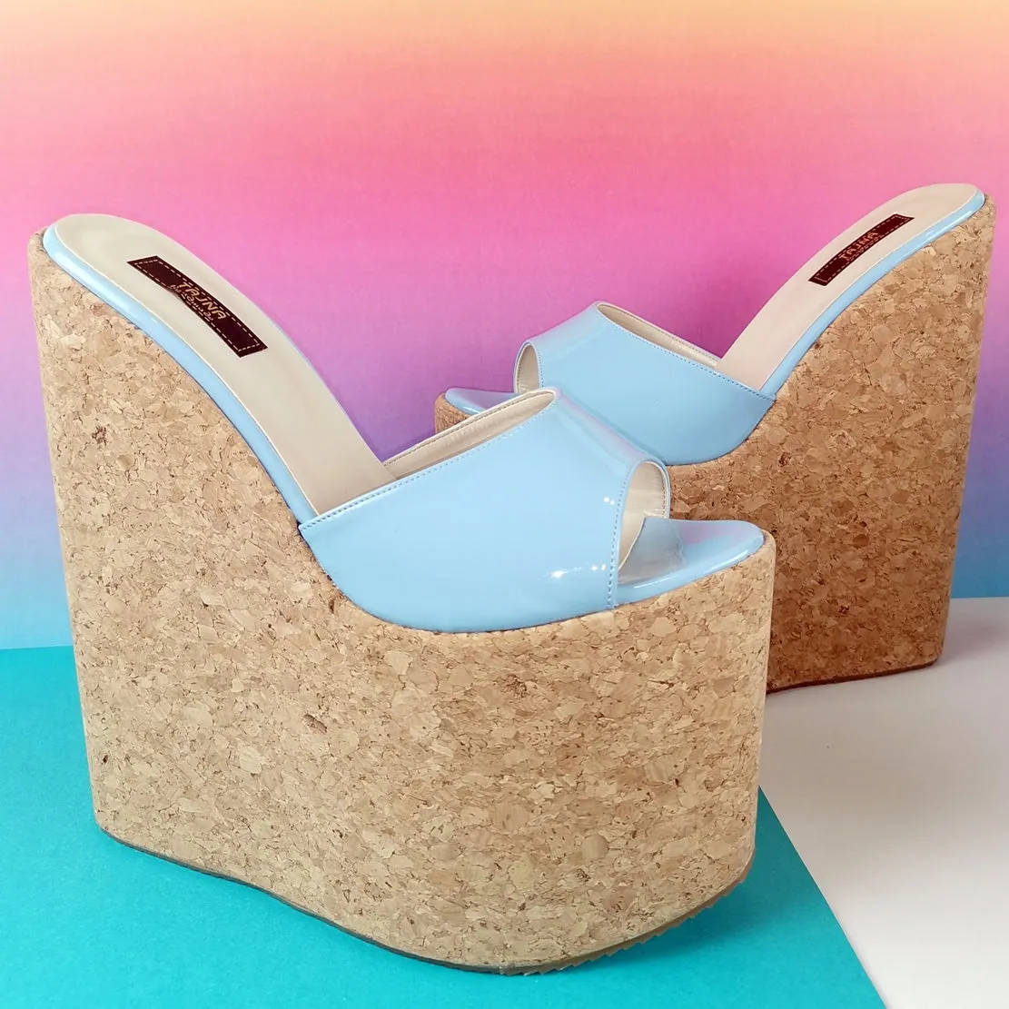 Blue Patent Cork Wedge Mules