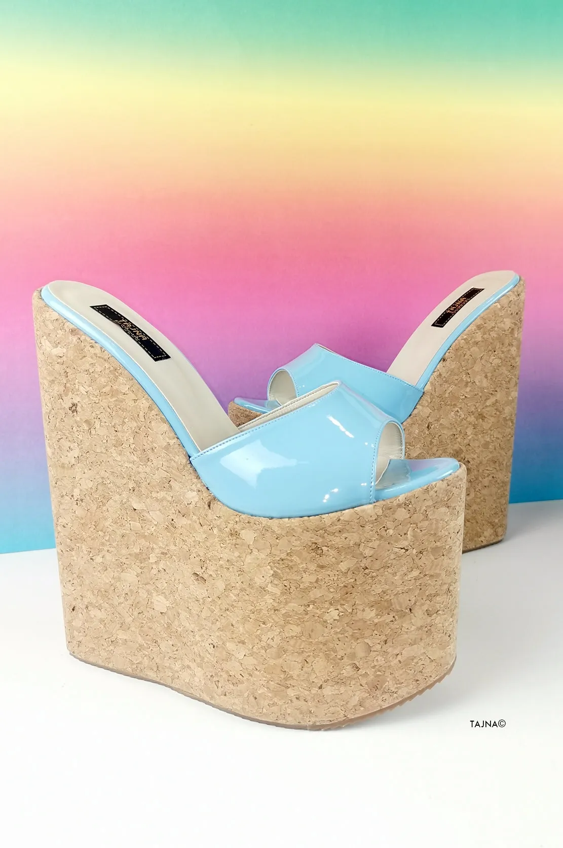 Blue Patent Cork Wedge Mules