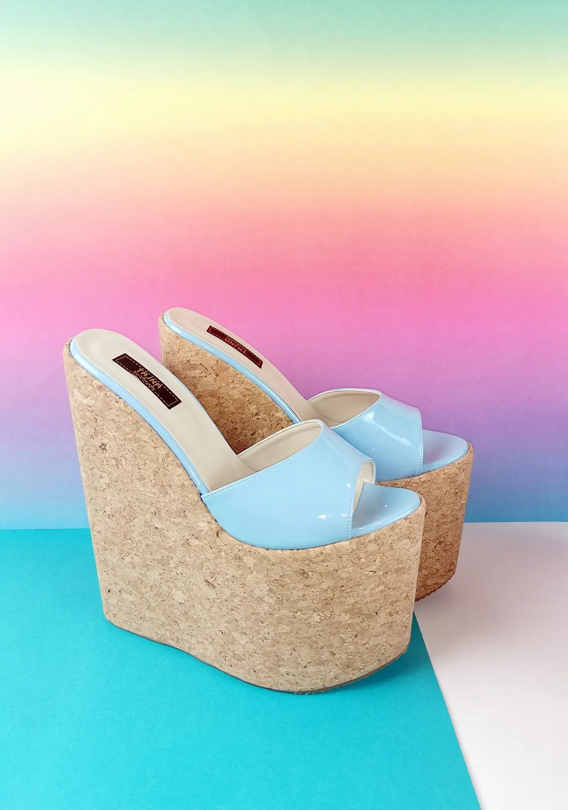 Blue Patent Cork Wedge Mules