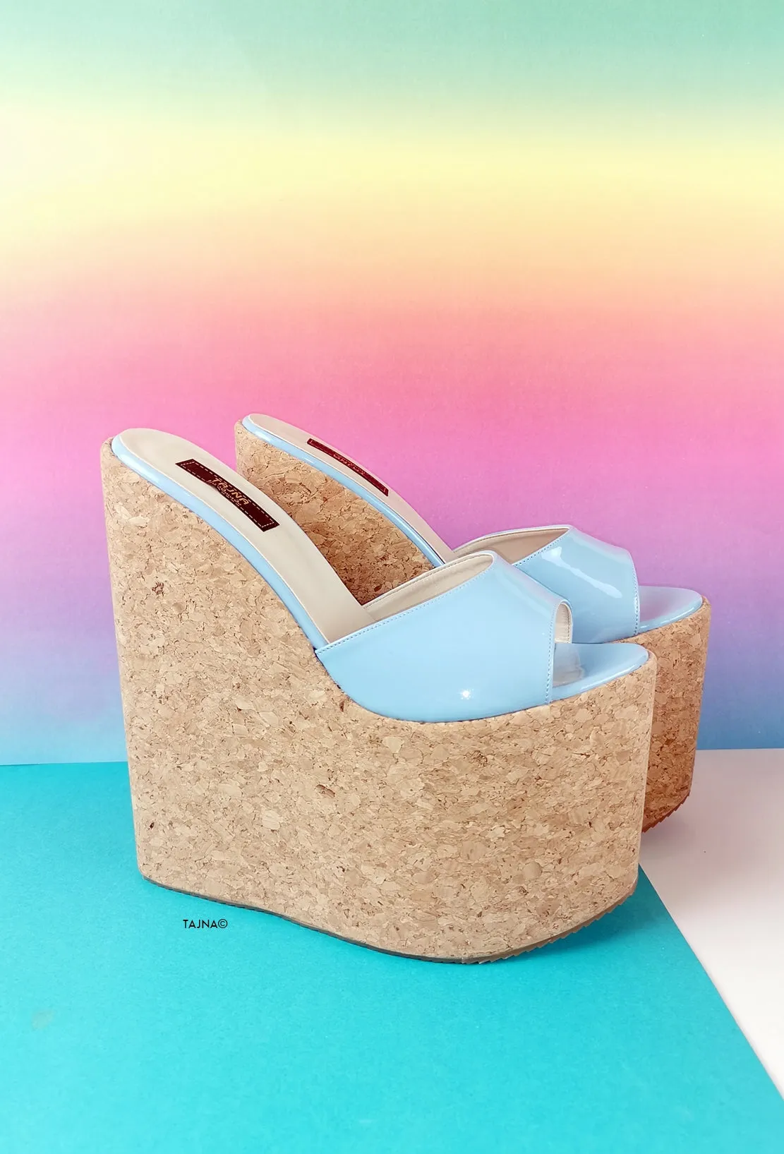 Blue Patent Cork Wedge Mules