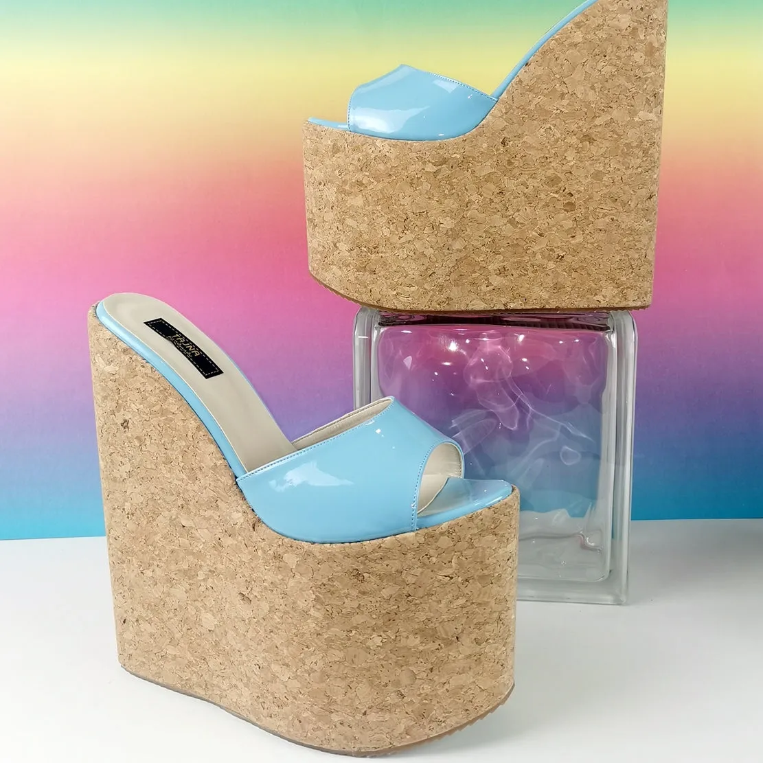 Blue Patent Cork Wedge Mules