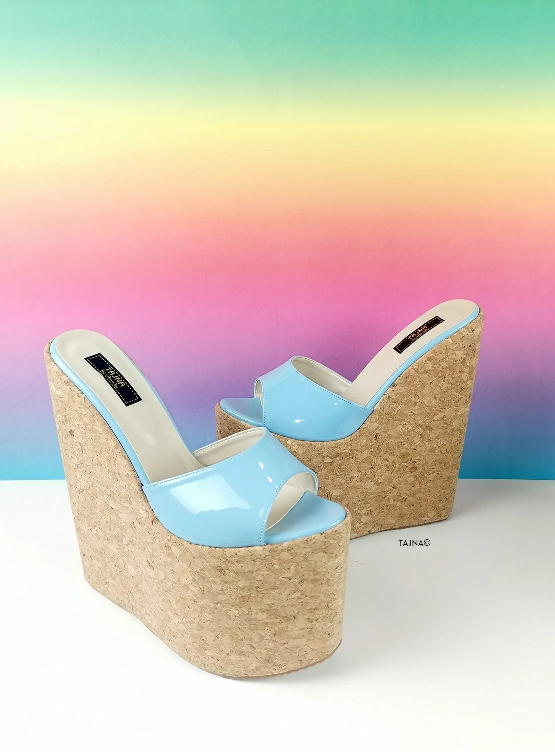 Blue Patent Cork Wedge Mules