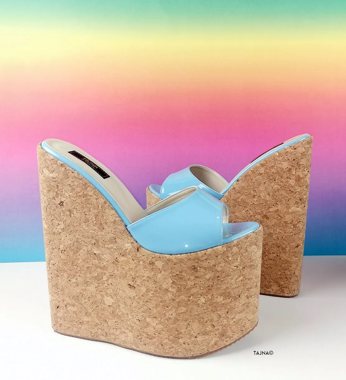 Blue Patent Cork Wedge Mules