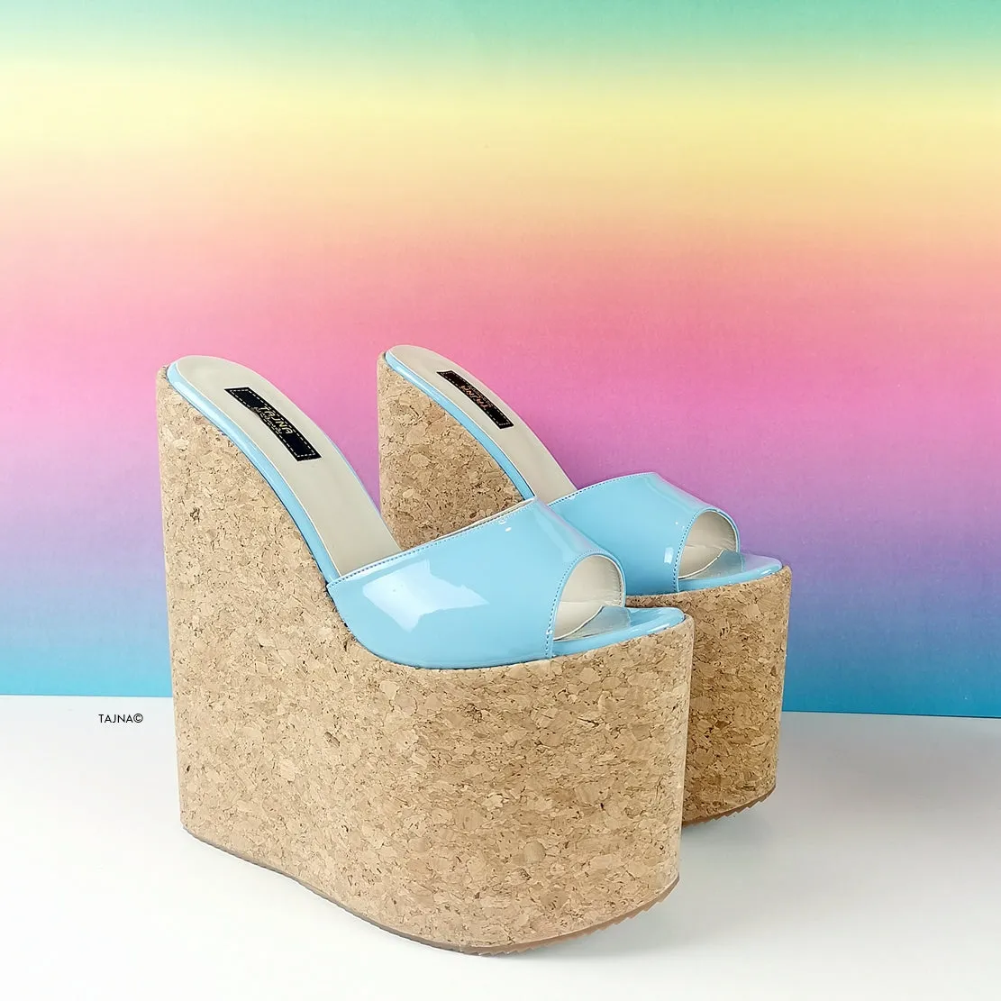 Blue Patent Cork Wedge Mules
