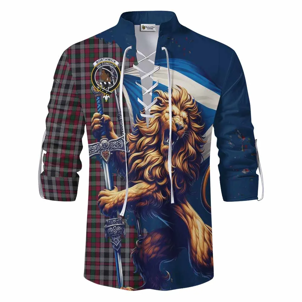 Borthwick Tartan Family Crest Ghillie Kilt Shirt with Scottish Majestic Lion