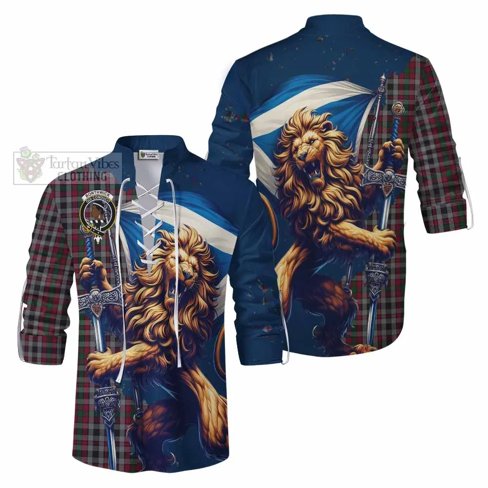 Borthwick Tartan Family Crest Ghillie Kilt Shirt with Scottish Majestic Lion