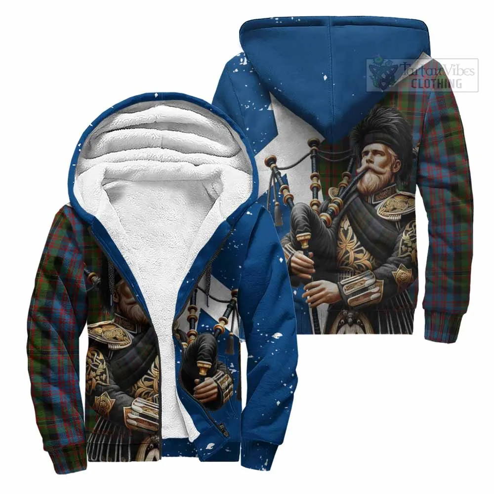 Bowie Tartan Sherpa Hoodie with Family Crest Scottish Bagpiper Vibes