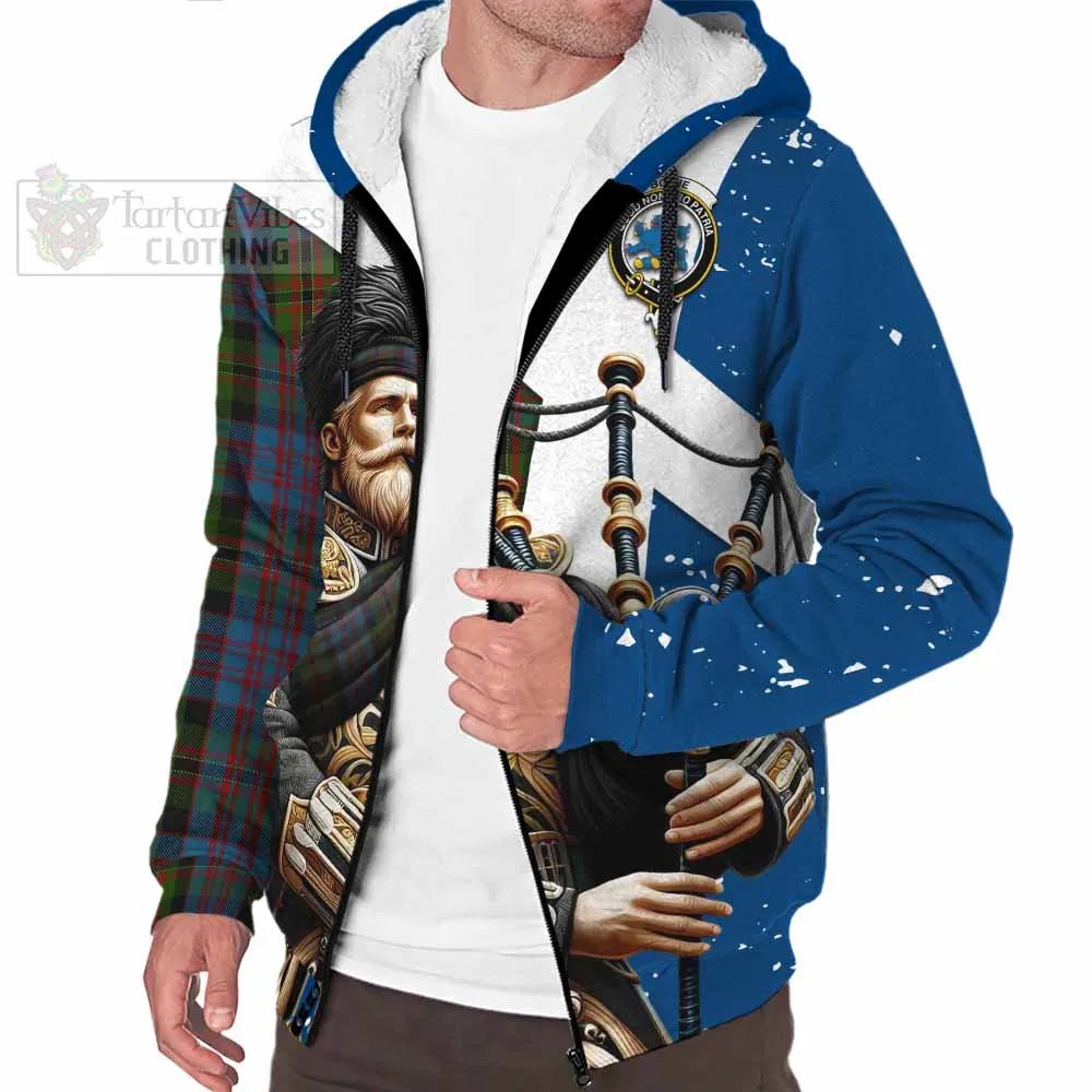 Bowie Tartan Sherpa Hoodie with Family Crest Scottish Bagpiper Vibes