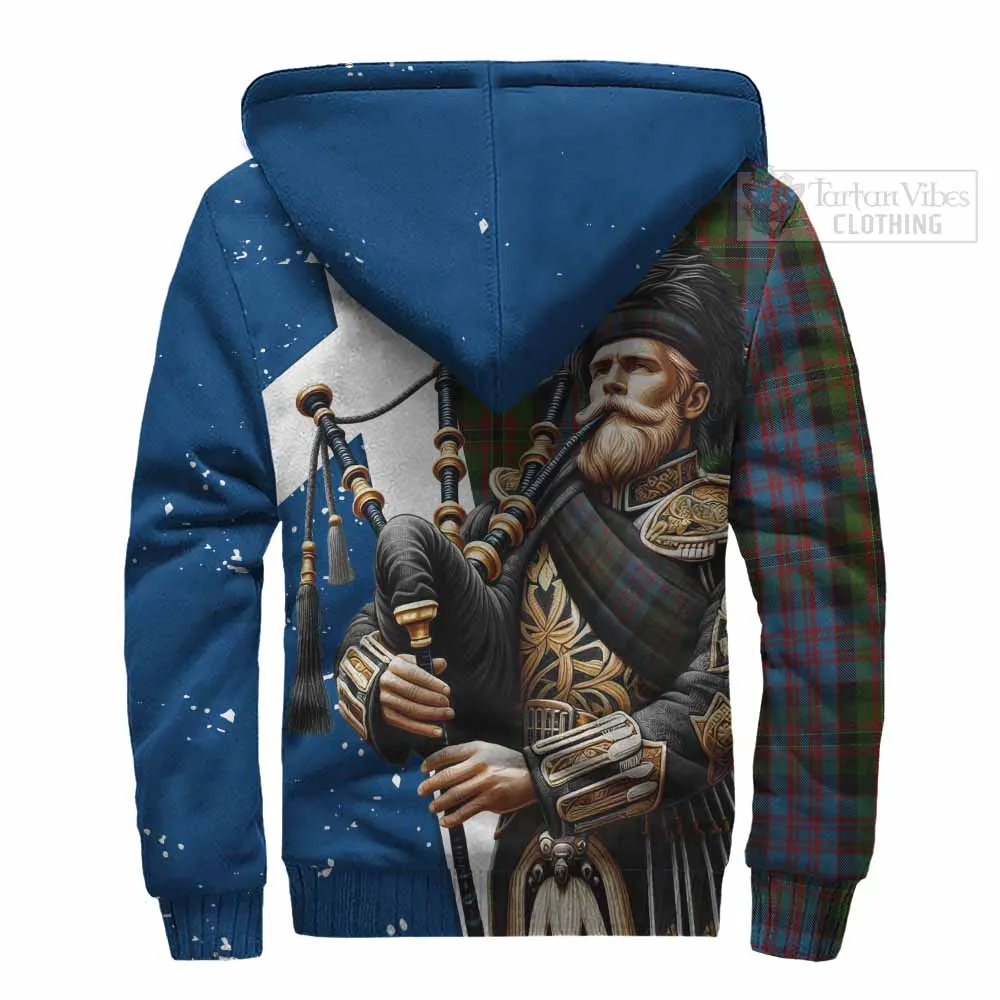 Bowie Tartan Sherpa Hoodie with Family Crest Scottish Bagpiper Vibes
