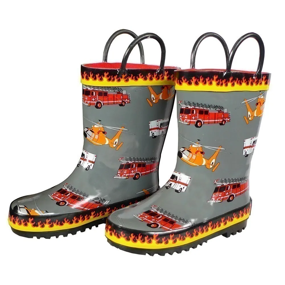 Boys Grey Fire Trucks Printed Rubber Boots 5-10 Toddler