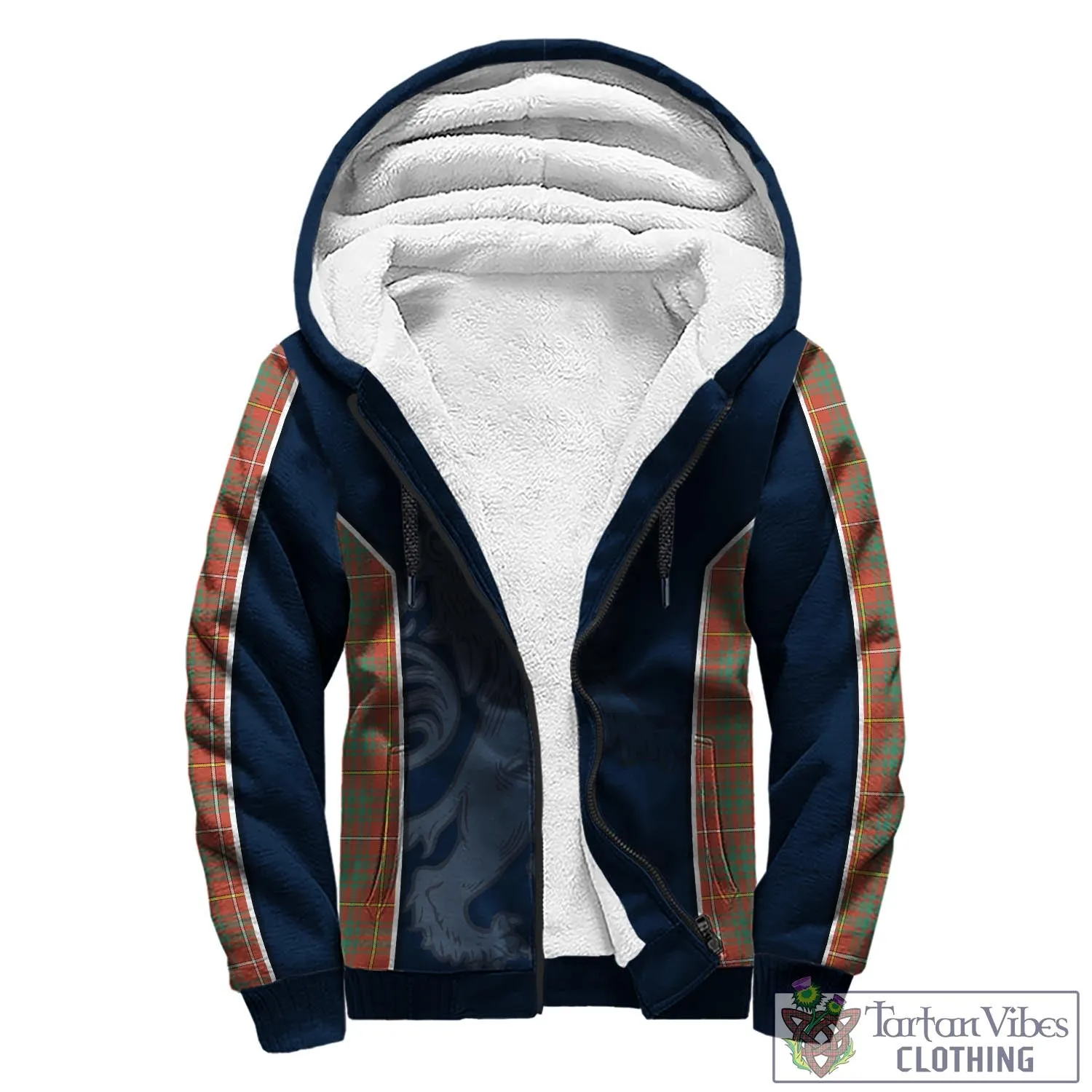 Bruce Ancient Tartan Sherpa Hoodie with Family Crest and Lion Rampant Vibes Sport Style