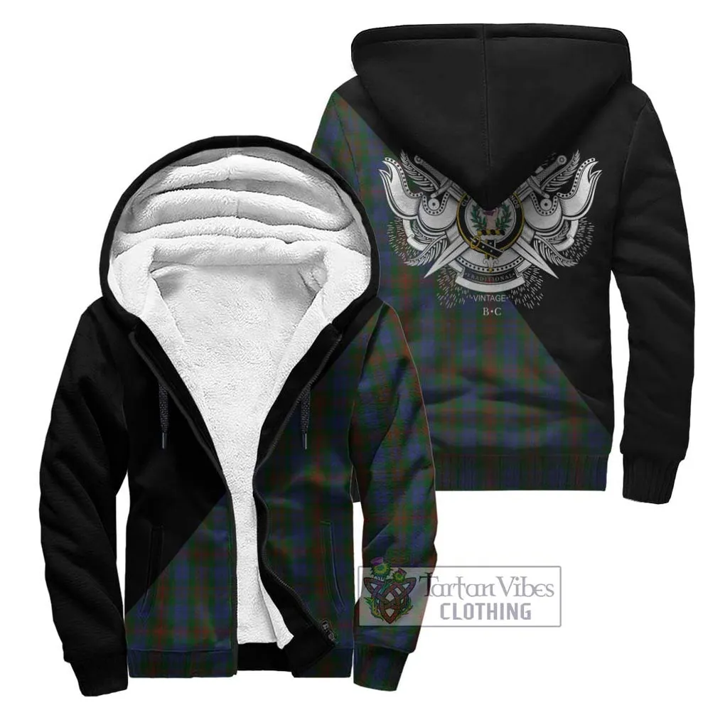 Buchanan Hunting Tartan Sherpa Hoodie with Family Crest and Military Logo Style