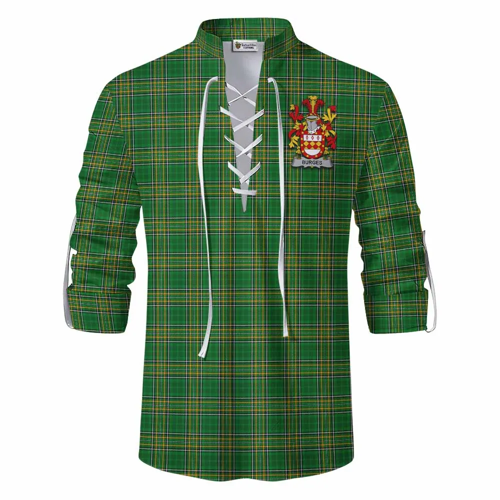 Burges Irish Clan Tartan Ghillie Kilt Shirt with Coat of Arms