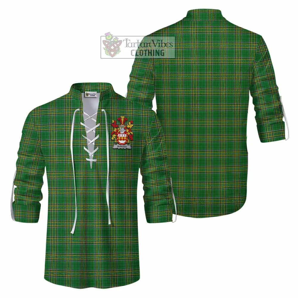 Burges Irish Clan Tartan Ghillie Kilt Shirt with Coat of Arms