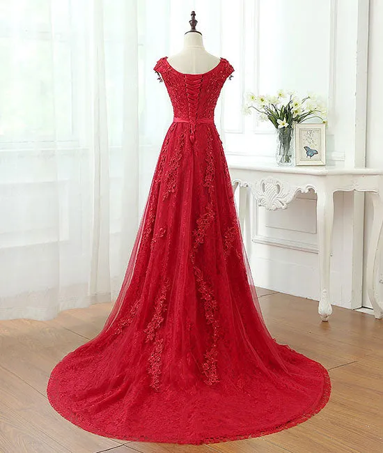 Burgundy tulle lace applique long prom dress, burgundy evening dress
