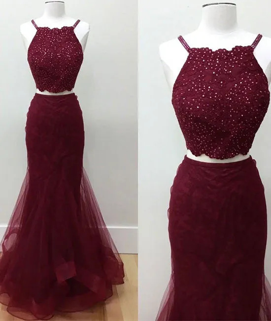 Burgundy two pieces lace tulle long prom dress