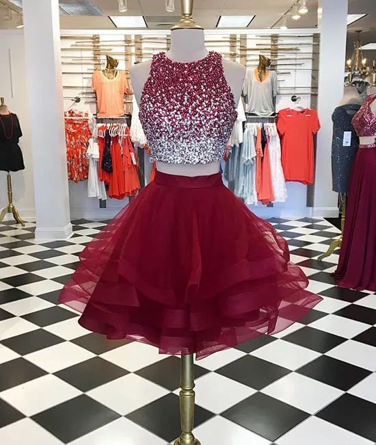 Burgundy two pieces sequin tulle short prom dress, homecoming dress