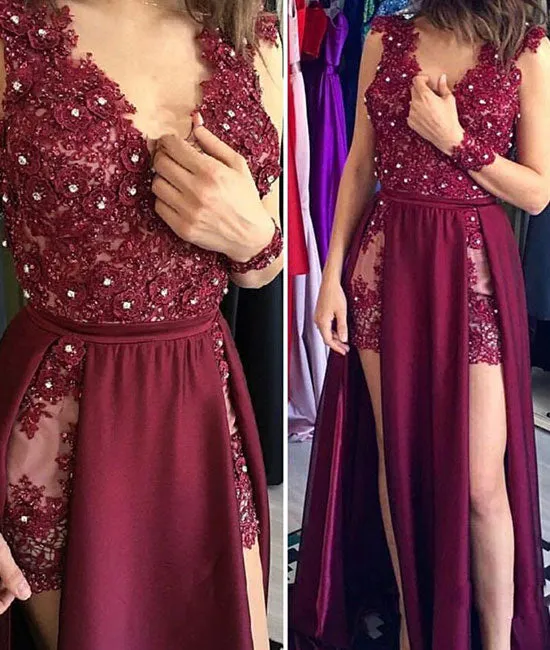 Burgundy v neck chiffon lace applique long prom dress, burgundy evening dress