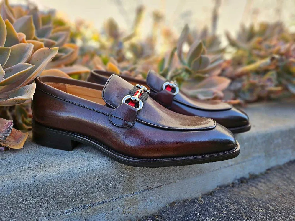 Carrucci Brown Men's Burnished Calfskin Slip-On Loafer Sliver Buckle Style No: KS509-28R