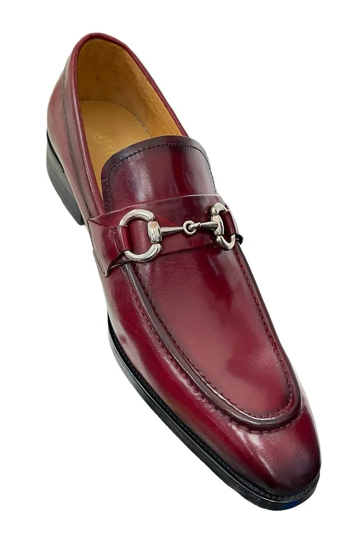 Carrucci Burgundy Leather Men's Slip On Dress Shoes Silver Buckle