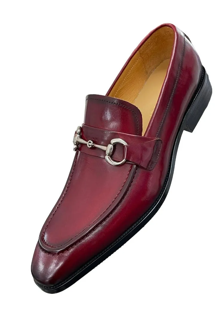 Carrucci Burgundy Leather Men's Slip On Dress Shoes Silver Buckle