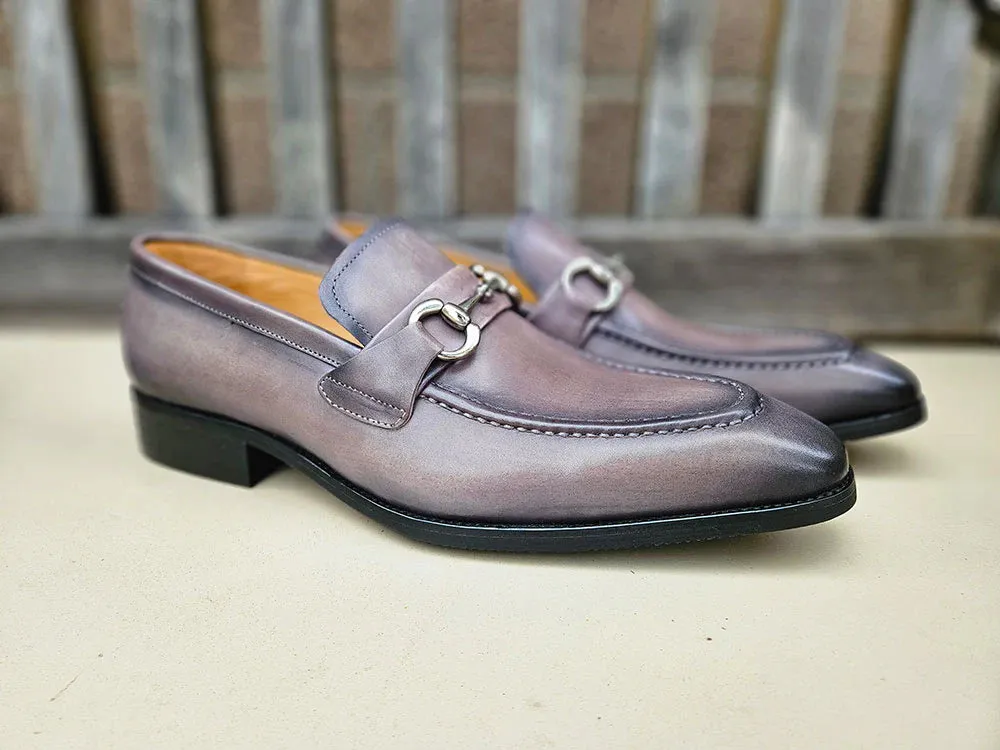 Carrucci Gray Leather Men's Slip On Dress Shoes Silver Buckle