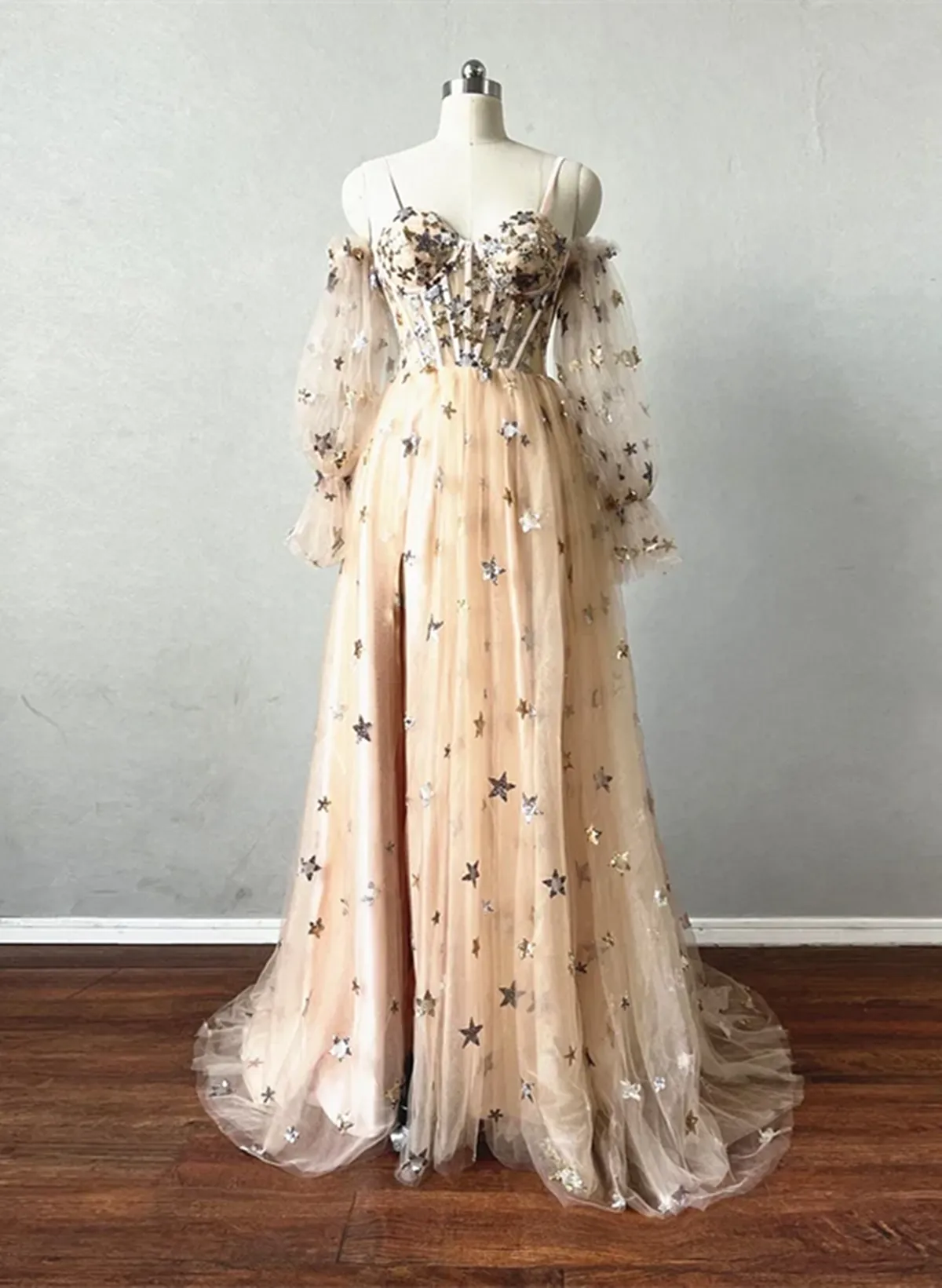 Champagne Puffy Sleeves Tulle Long Evening Dress, Champagne Party Dress Prom Dress