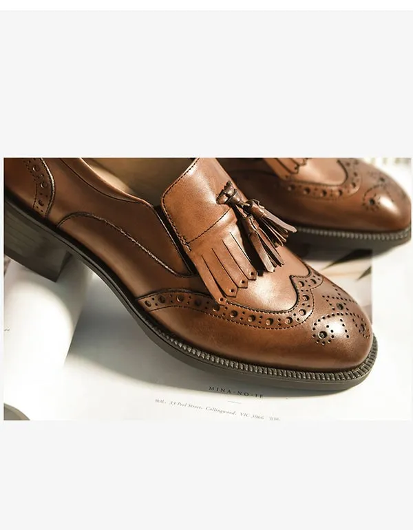 [Clearance] Genuine Leather Tassels British Brogue Oxfords Women (40)