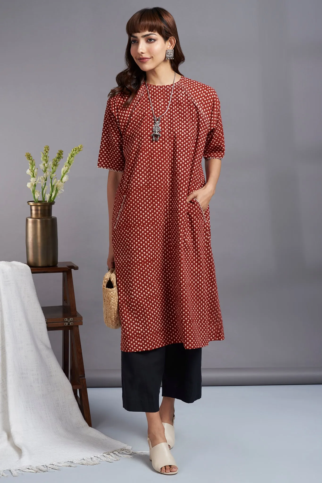 crimson craze - drop shoulder modern tunic with pockets