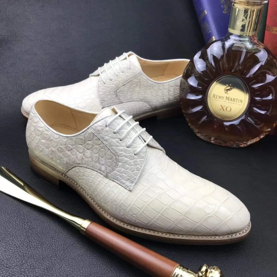 Crocodile Shoes Mens  Genuine Crocodile Leather  Lace Up Shoe White