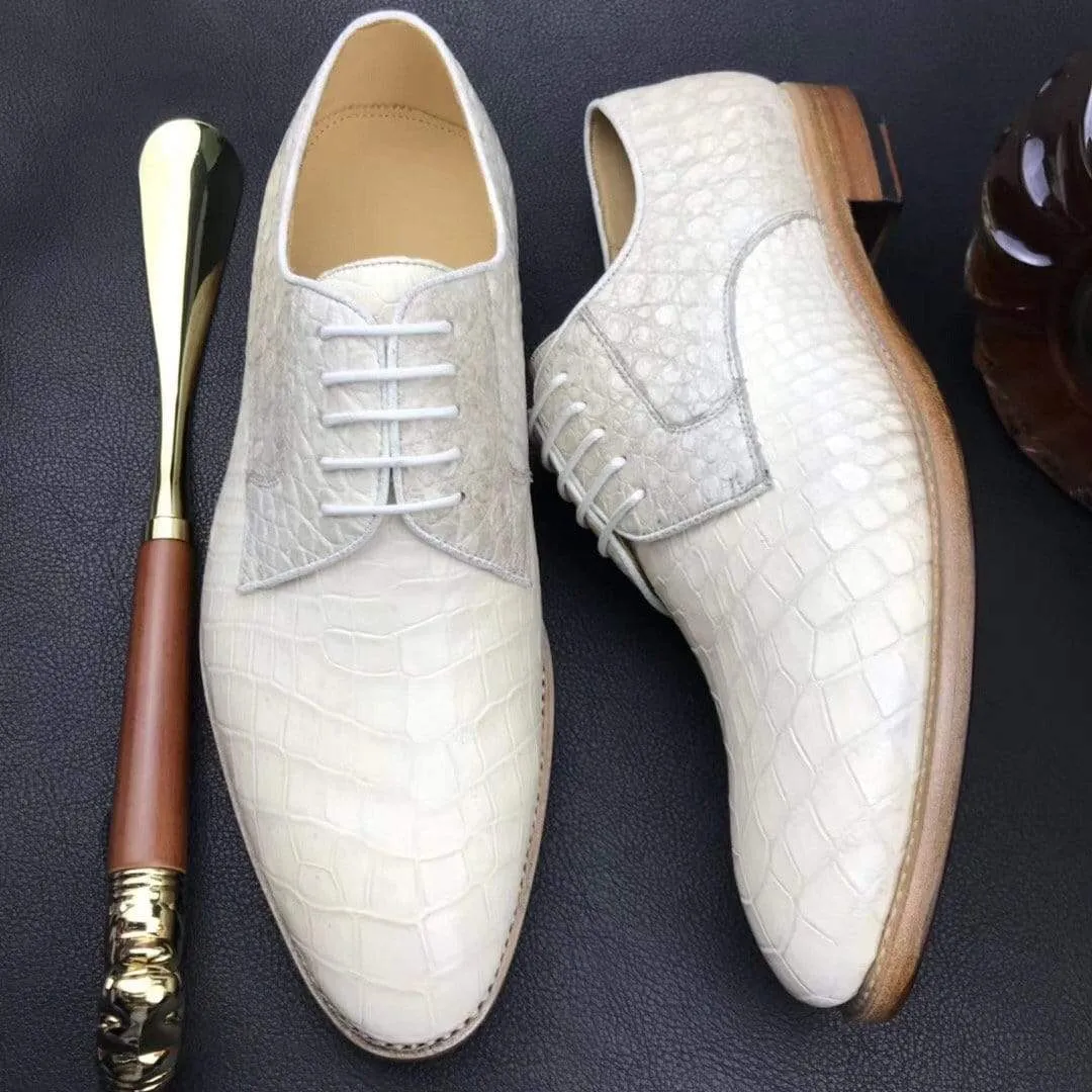Crocodile Shoes Mens  Genuine Crocodile Leather  Lace Up Shoe White