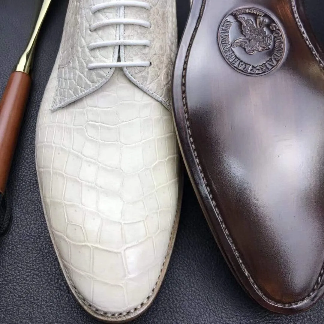 Crocodile Shoes Mens  Genuine Crocodile Leather  Lace Up Shoe White