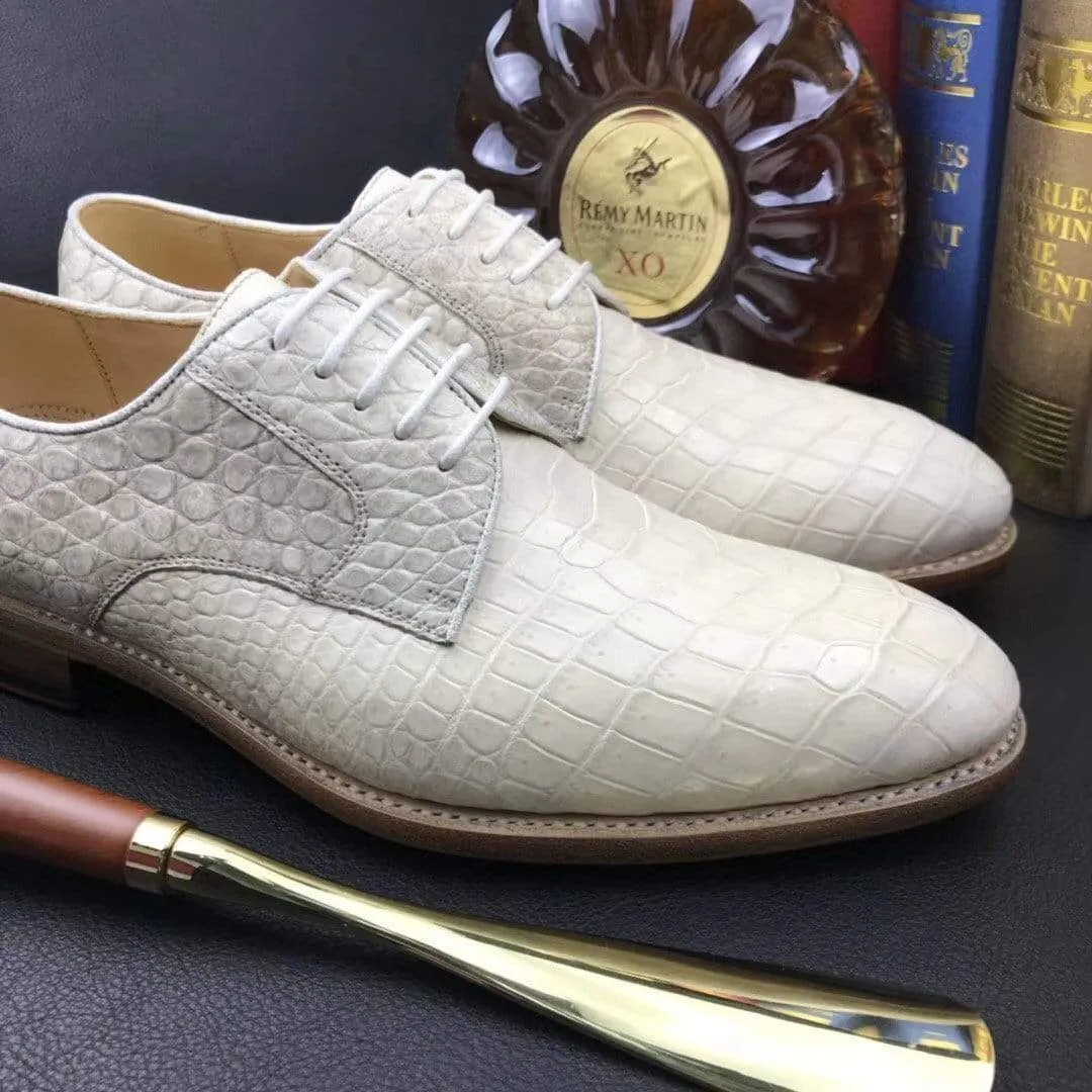Crocodile Shoes Mens  Genuine Crocodile Leather  Lace Up Shoe White