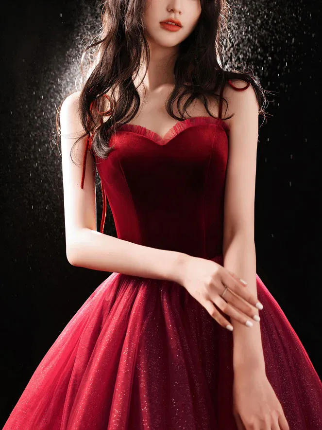 Cute Wine Red Velvet and Tulle Homecoming Dress, Wine Red Straps Party Dress