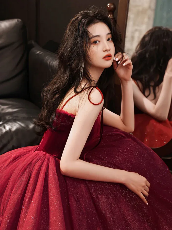 Cute Wine Red Velvet and Tulle Homecoming Dress, Wine Red Straps Party Dress