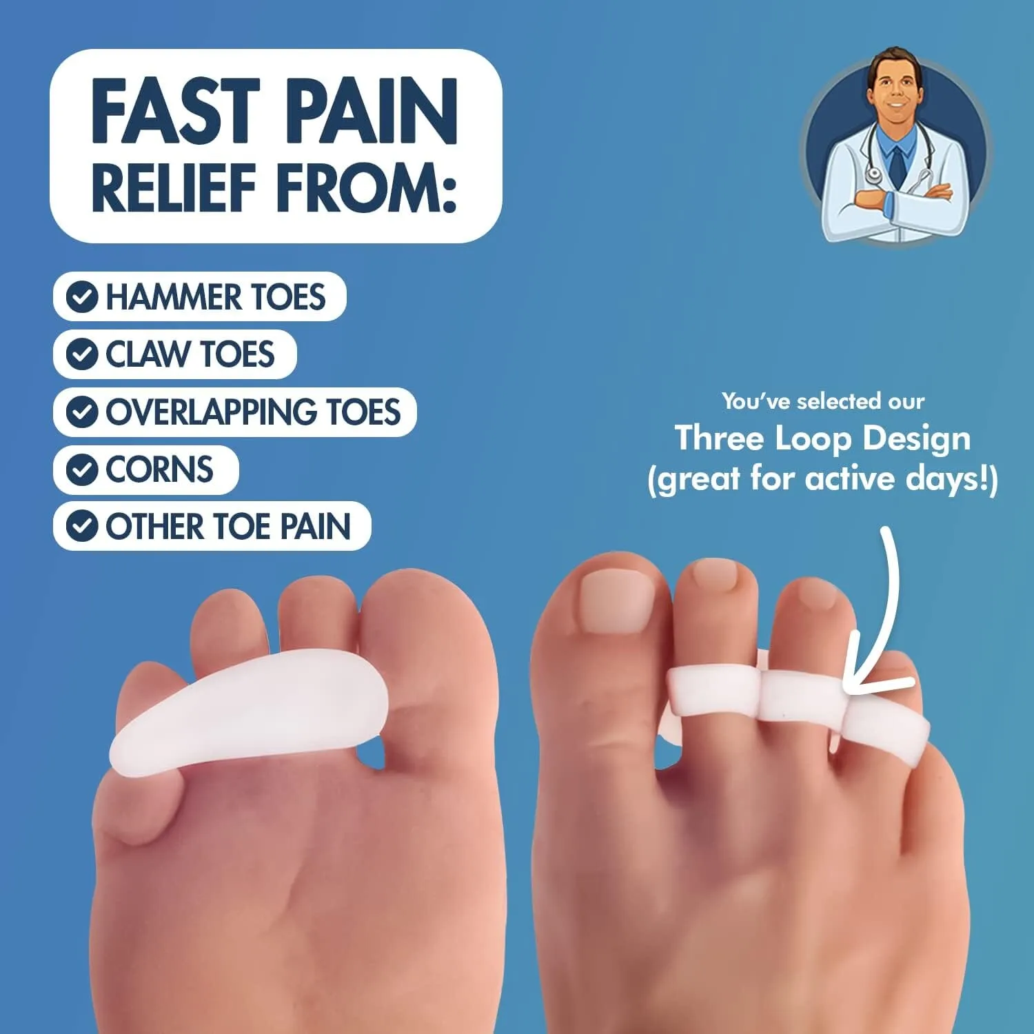 Dr. Frederick's Original Hammer Toe Gels - 4pcs - Hammer Toe Support Crest for Women & Men - Joint Realign - Cushion, Support & Temporary Splint - Crooked, Claw, Diabetic Toe Brace - 3 Loop Design