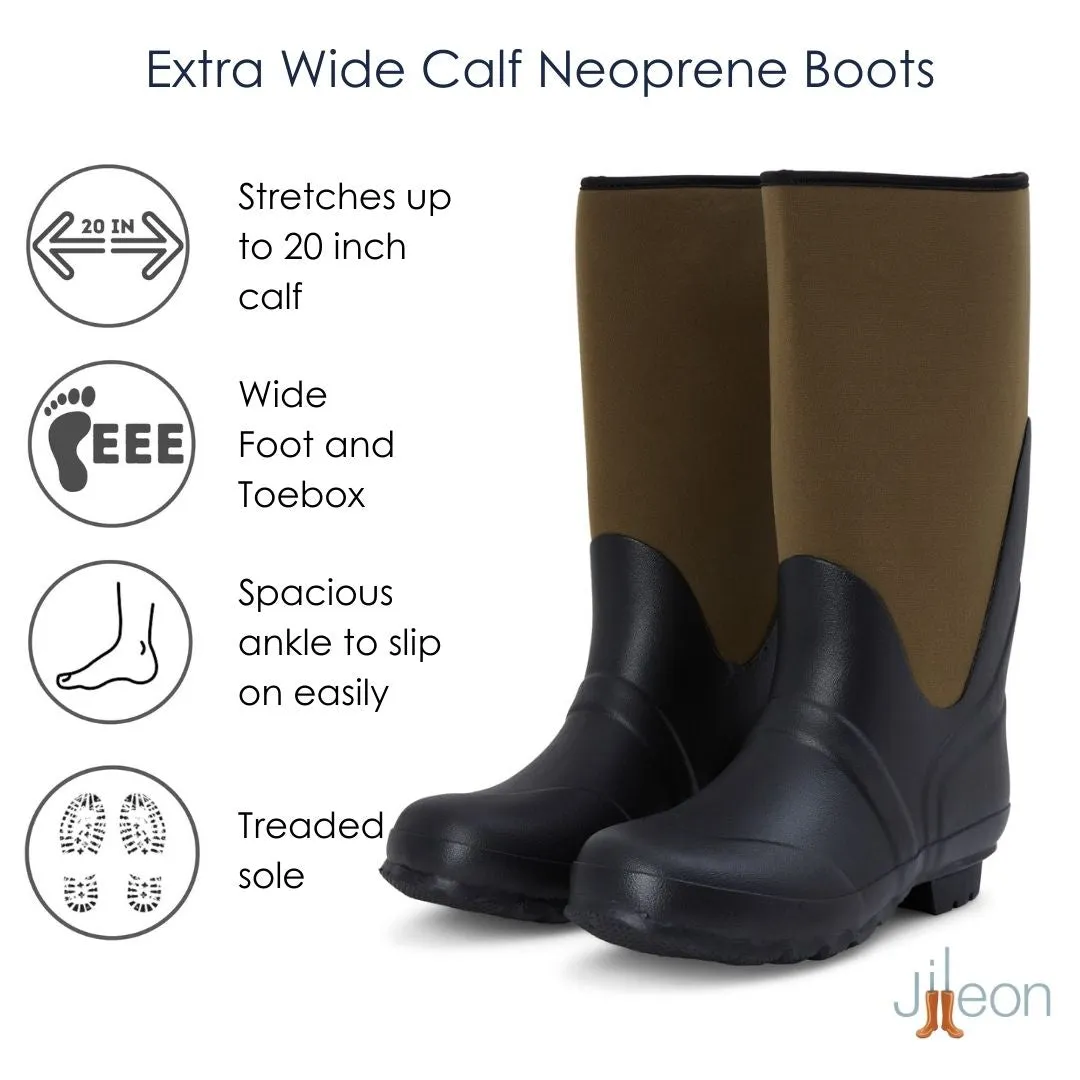 Extra Wide Calf Neoprene Rubber Rain Boots - Green - Up to 20 inch Calf - Wide in Foot and Ankle