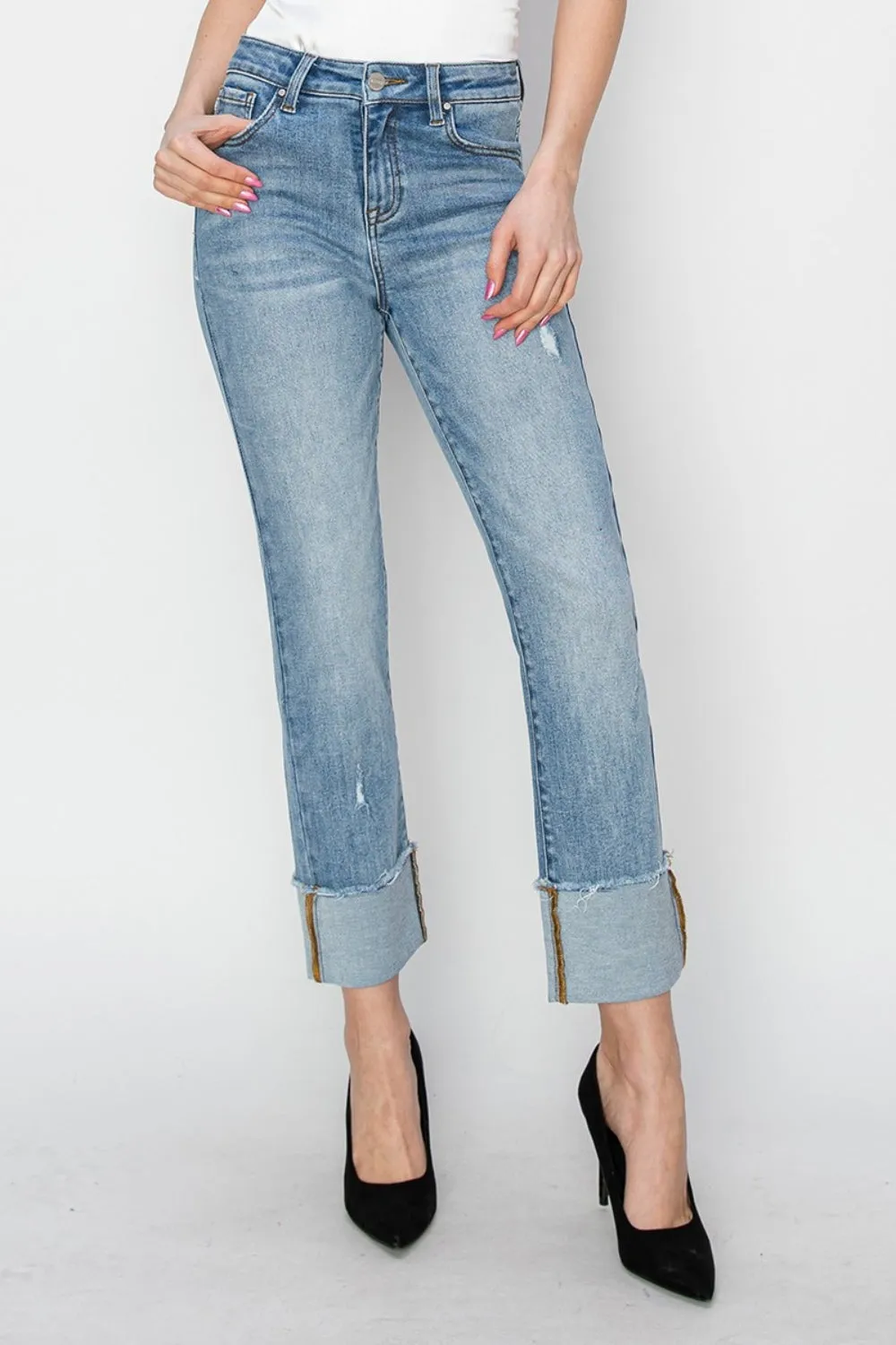 Full Size High Rise Cuffed Slim Straight Jeans