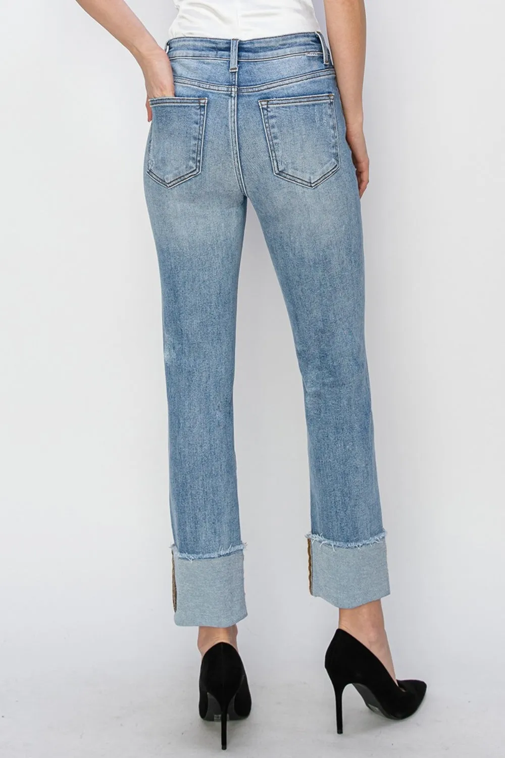 Full Size High Rise Cuffed Slim Straight Jeans