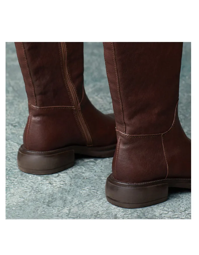 Genuine Leather Side Buckle British Style Knee High Boots